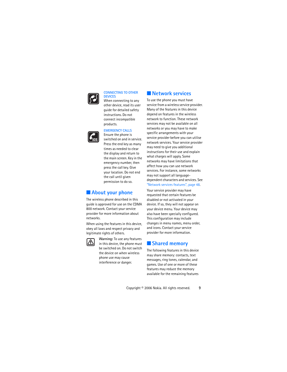 About your phone, Network services, Shared memory | About your phone network services shared memory | Nokia 1315 User Manual | Page 9 / 78