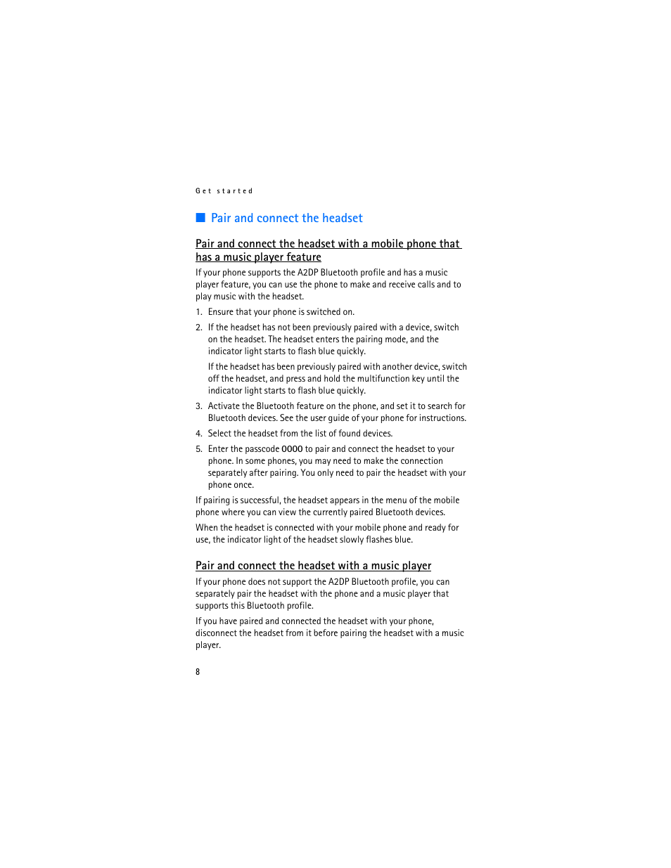 Pair and connect the headset, Pair and connect the headset with a music player | Nokia BH-604 User Manual | Page 8 / 14