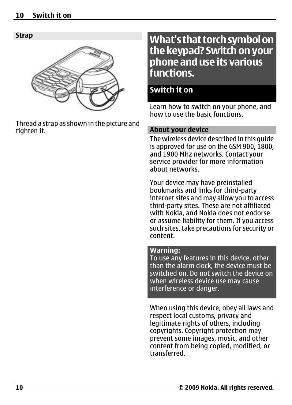 Strap, Switch it on, About your device | Nokia 3720 User Manual | Page 10 / 51