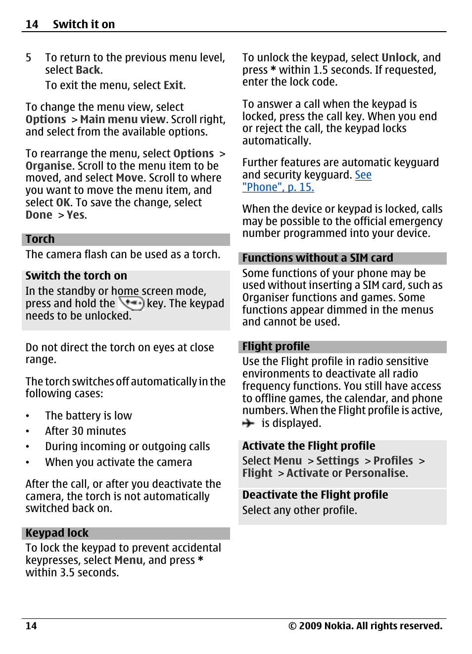 Torch, Keypad lock, Functions without a sim card | Flight profile | Nokia 3720 User Manual | Page 14 / 51