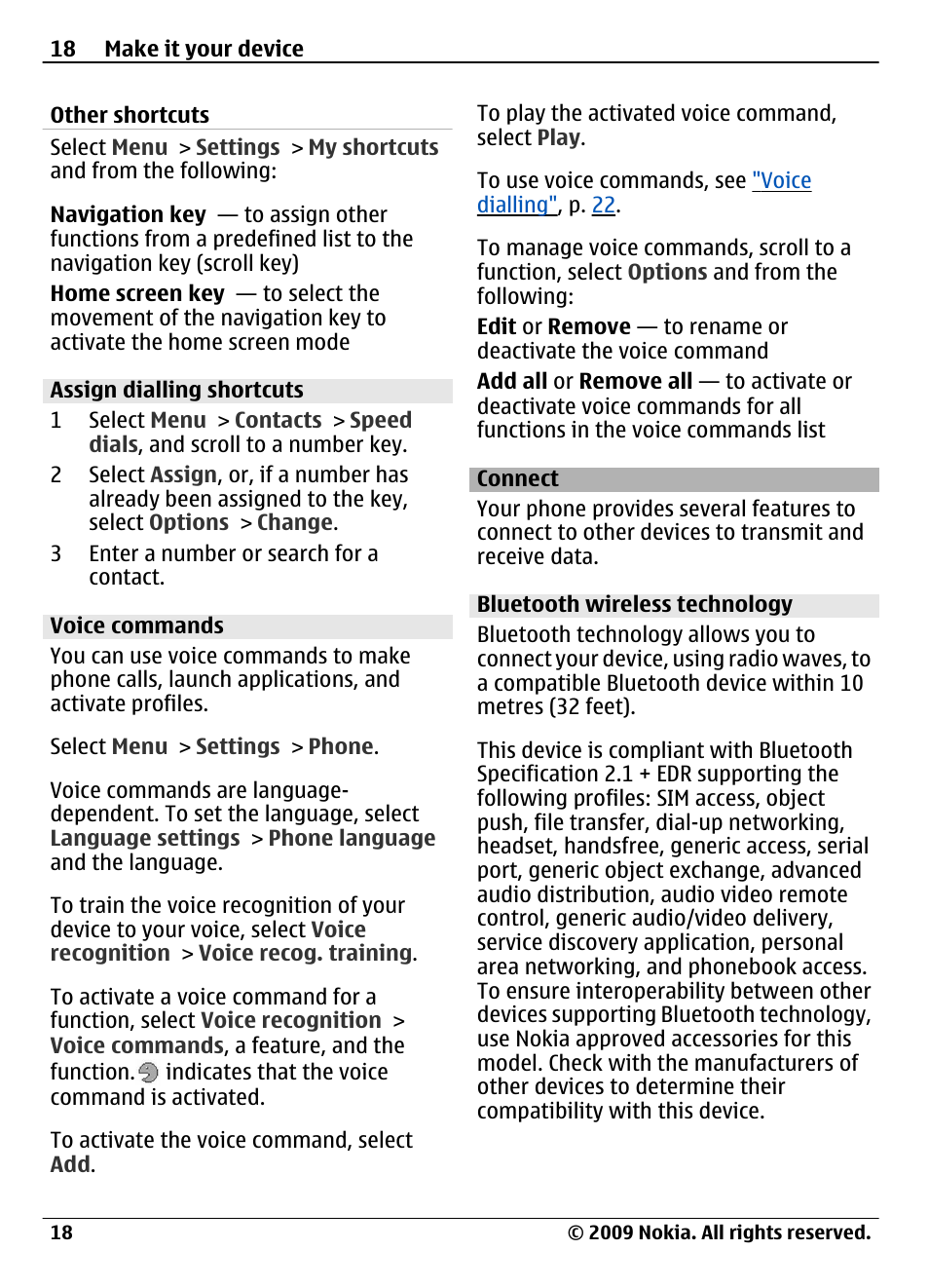 Other shortcuts, Assign dialling shortcuts, Voice commands | Connect, Bluetooth wireless technology | Nokia 3720 User Manual | Page 18 / 51