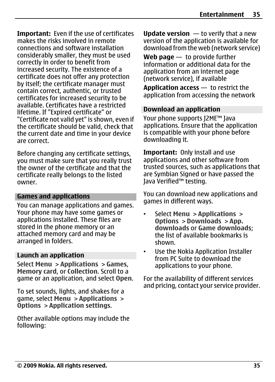 Games and applications, Launch an application, Download an application | Nokia 3720 User Manual | Page 35 / 51