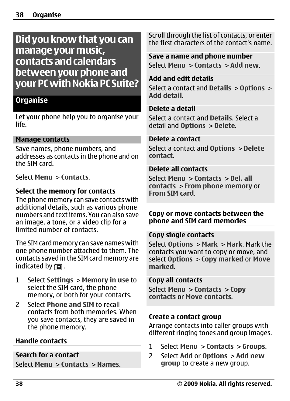 Organise, Manage contacts | Nokia 3720 User Manual | Page 38 / 51