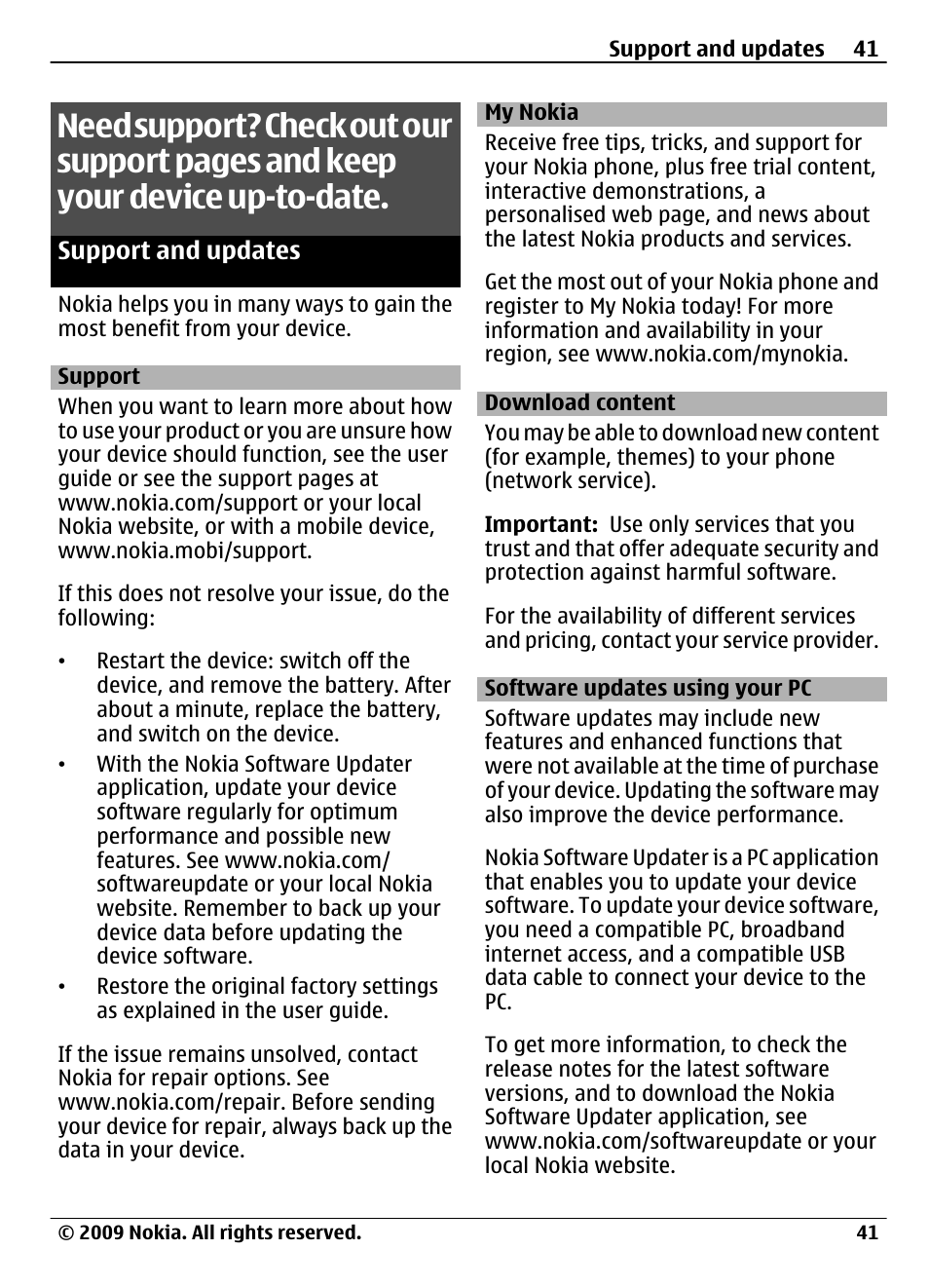 Support and updates, Support, My nokia | Download content, Software updates using your pc | Nokia 3720 User Manual | Page 41 / 51