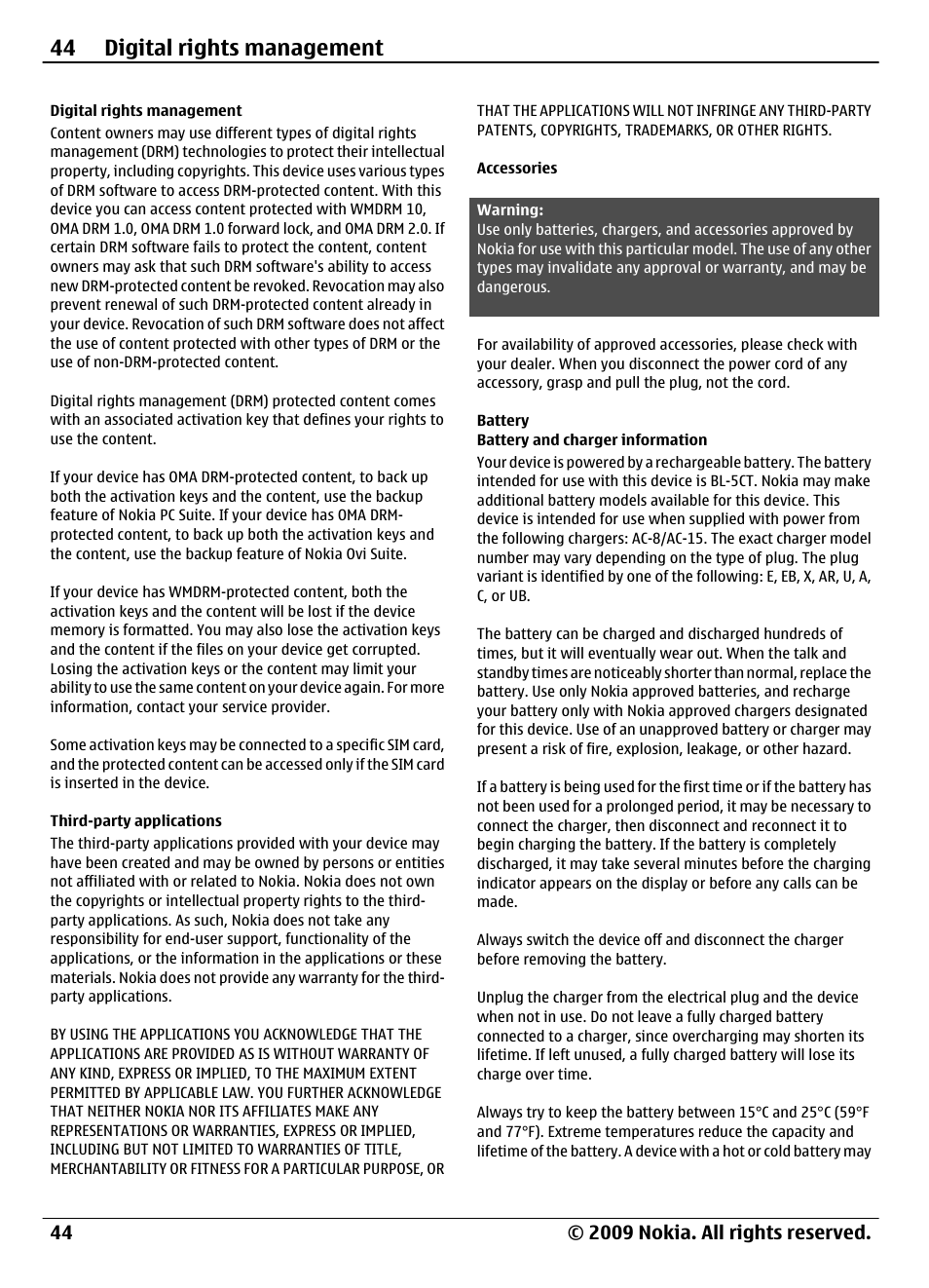 Digital rights management, Third-party applications, Accessories | Battery, Battery and charger information, 44 digital rights management | Nokia 3720 User Manual | Page 44 / 51