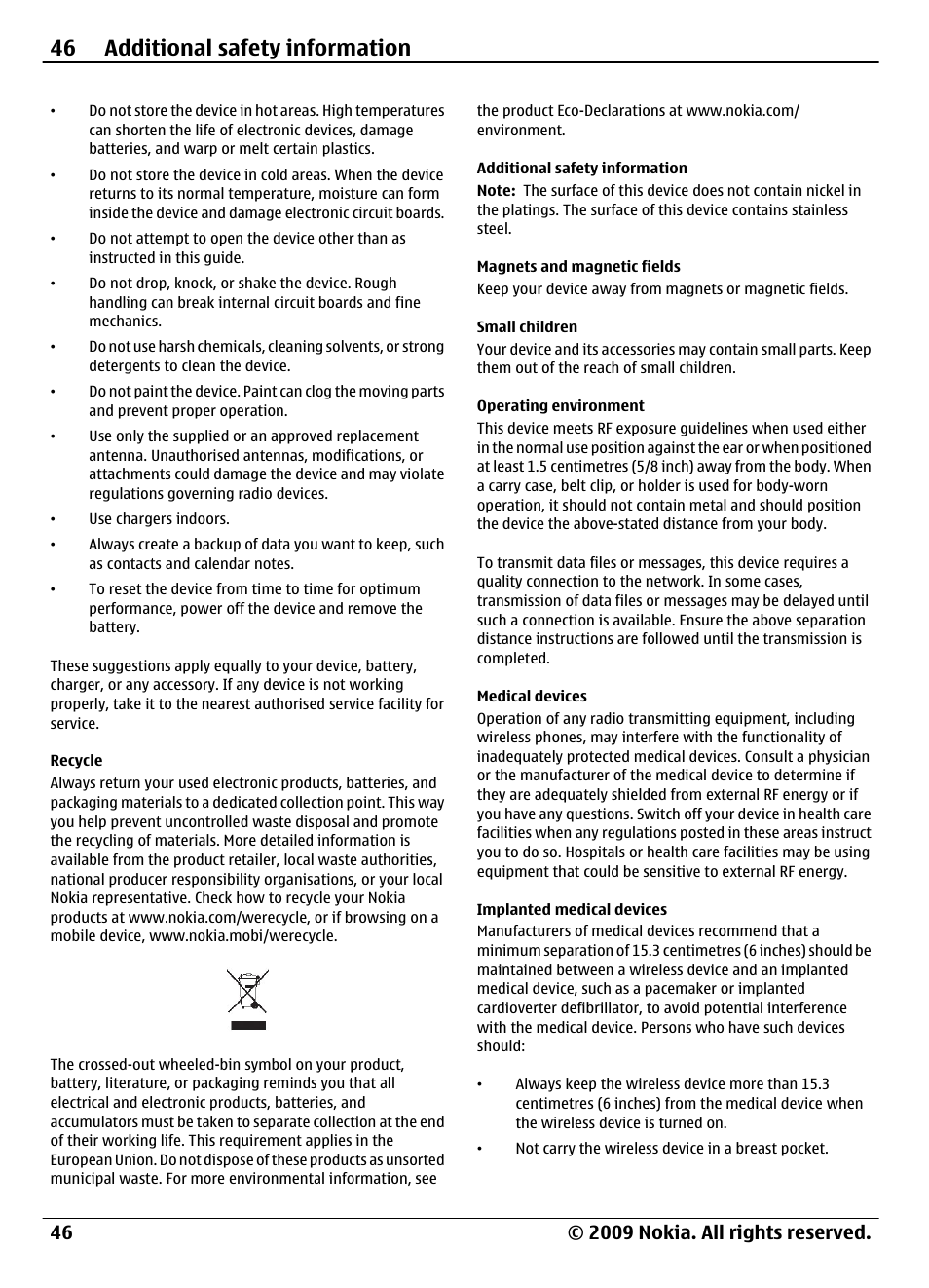 Recycle, Additional safety information, Magnets and magnetic fields | Small children, Operating environment, Medical devices, Implanted medical devices, 46 additional safety information | Nokia 3720 User Manual | Page 46 / 51