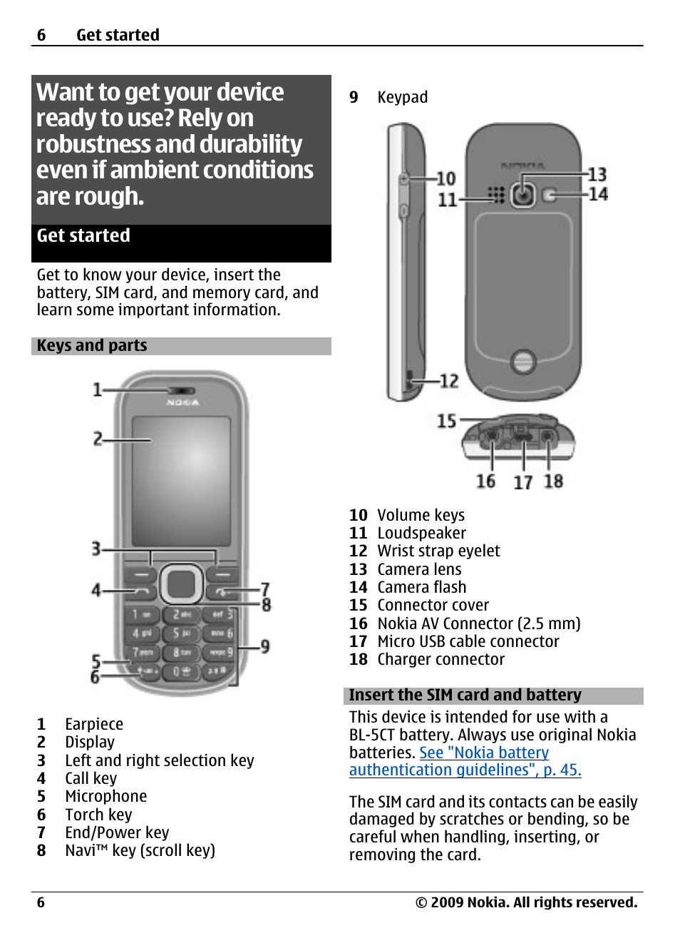 Get started, Keys and parts, Insert the sim card and battery | Nokia 3720 User Manual | Page 6 / 51