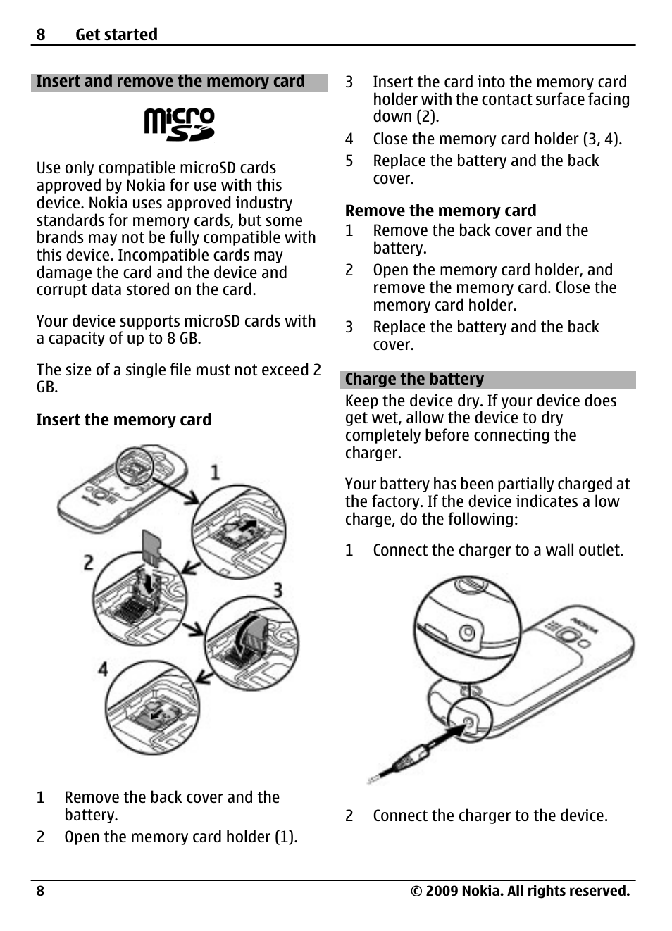 Insert and remove the memory card, Charge the battery | Nokia 3720 User Manual | Page 8 / 51