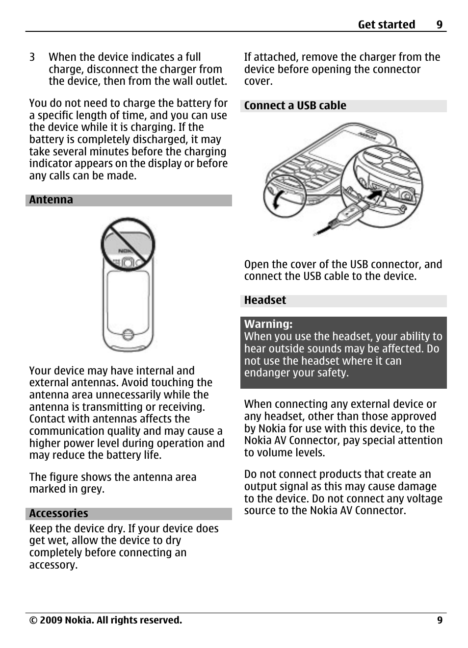 Antenna, Accessories, Connect a usb cable | Headset | Nokia 3720 User Manual | Page 9 / 51