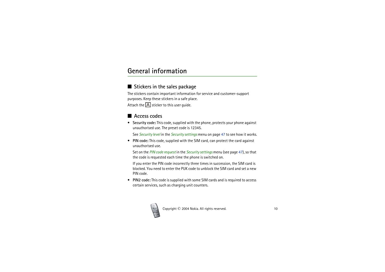 General information, Stickers in the sales package, Access codes | Stickers in the sales package access codes | Nokia 2300 User Manual | Page 10 / 68