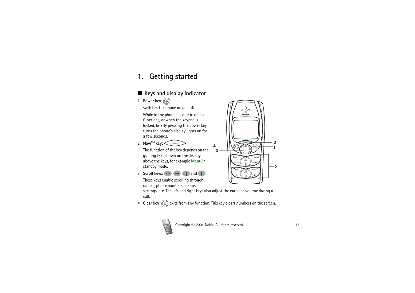 Getting started, Keys and display indicator | Nokia 2300 User Manual | Page 12 / 68