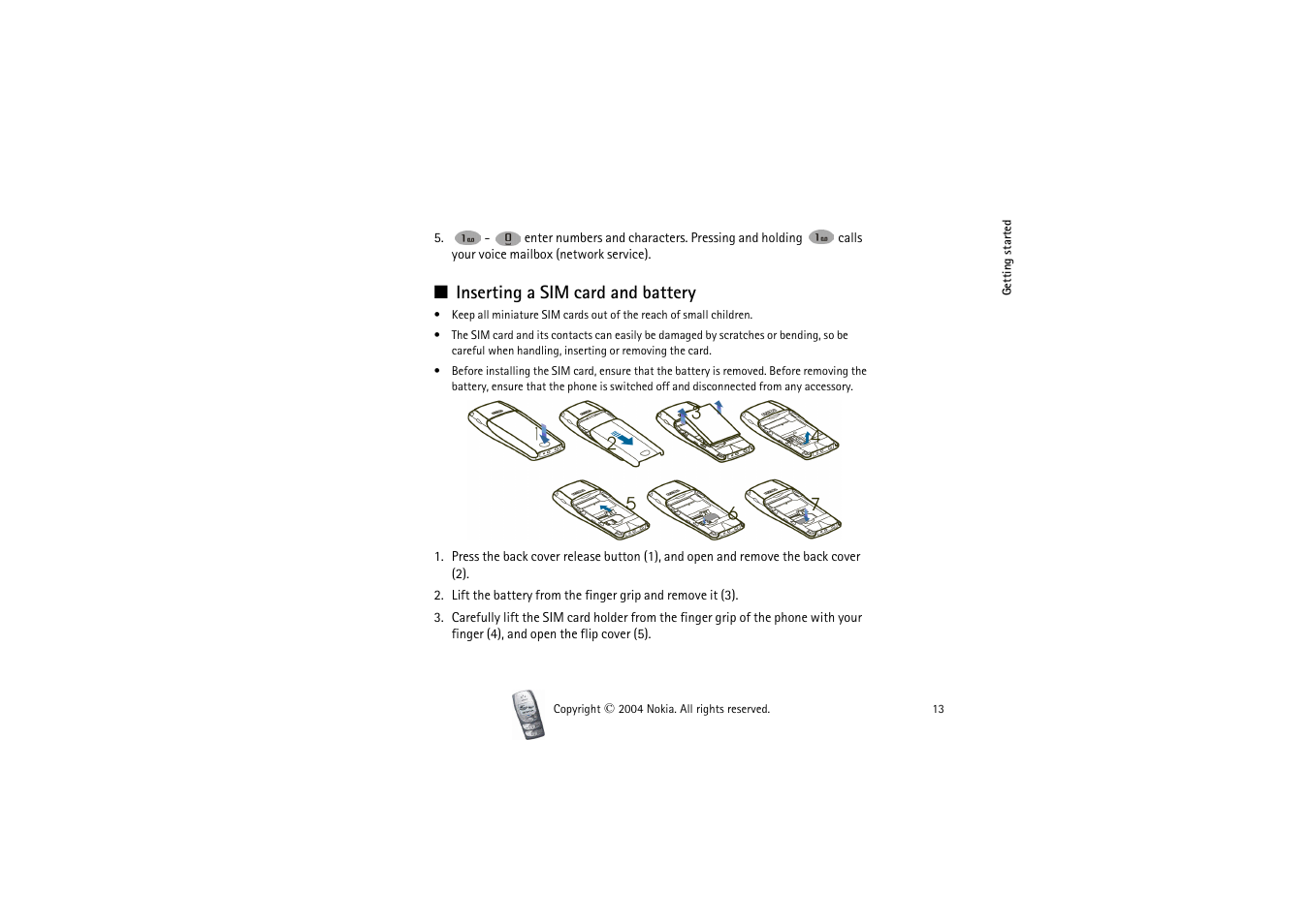 Inserting a sim card and battery | Nokia 2300 User Manual | Page 13 / 68