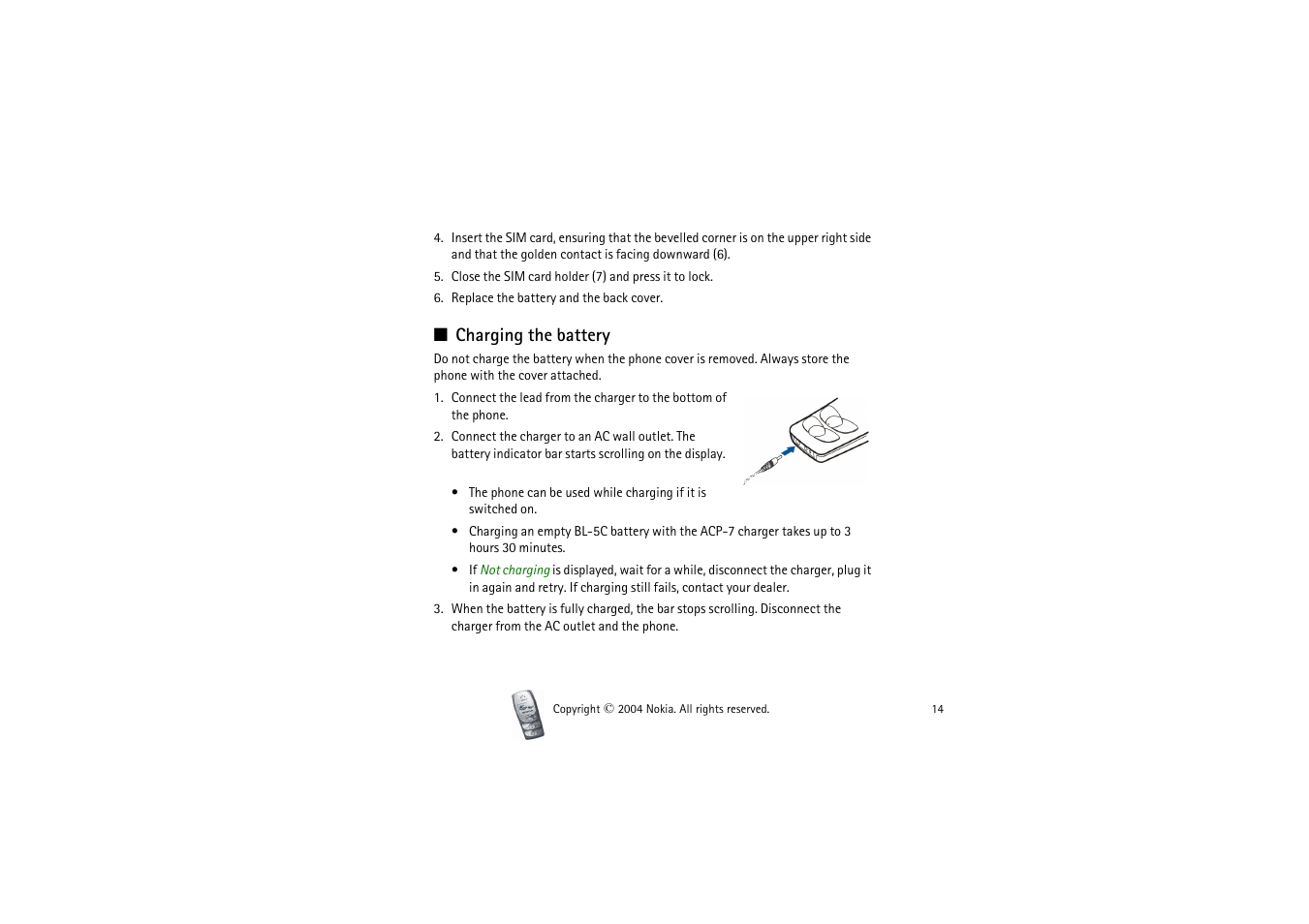 Charging the battery | Nokia 2300 User Manual | Page 14 / 68