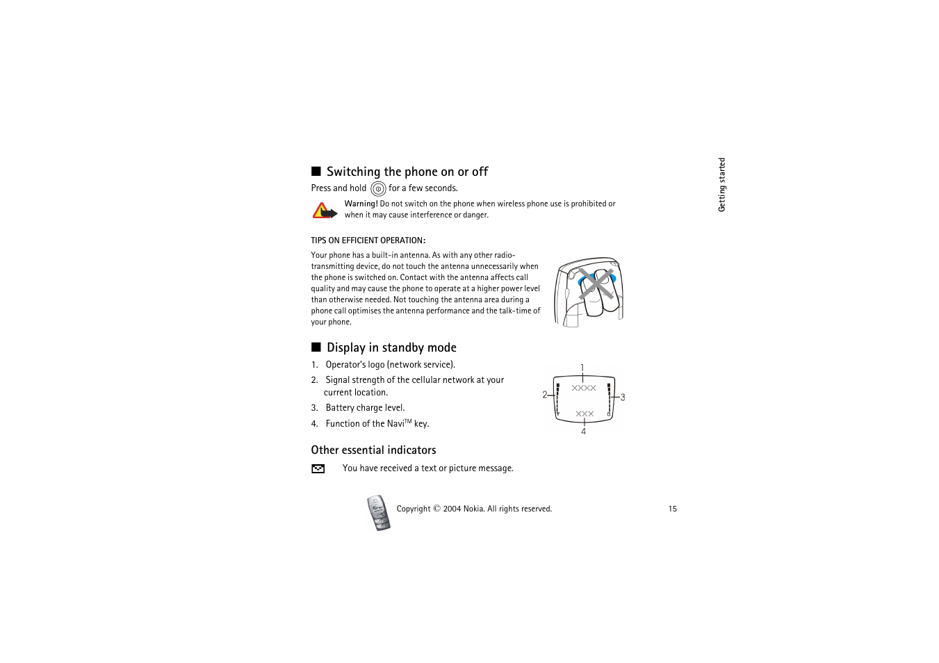 Switching the phone on or off, Display in standby mode, Other essential indicators | Nokia 2300 User Manual | Page 15 / 68