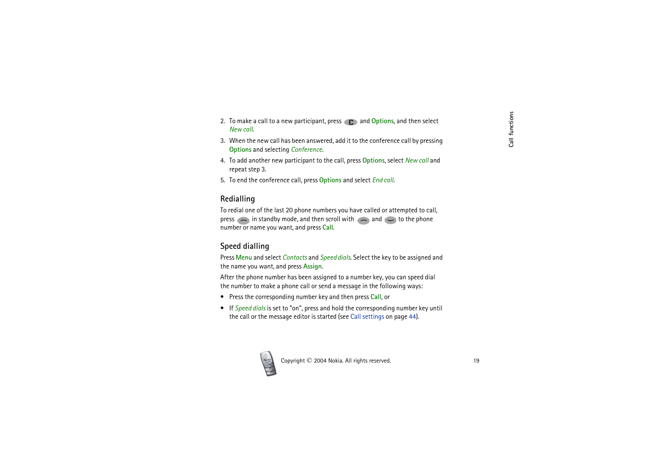 Redialling, Speed dialling, Redialling speed dialling | Nokia 2300 User Manual | Page 19 / 68