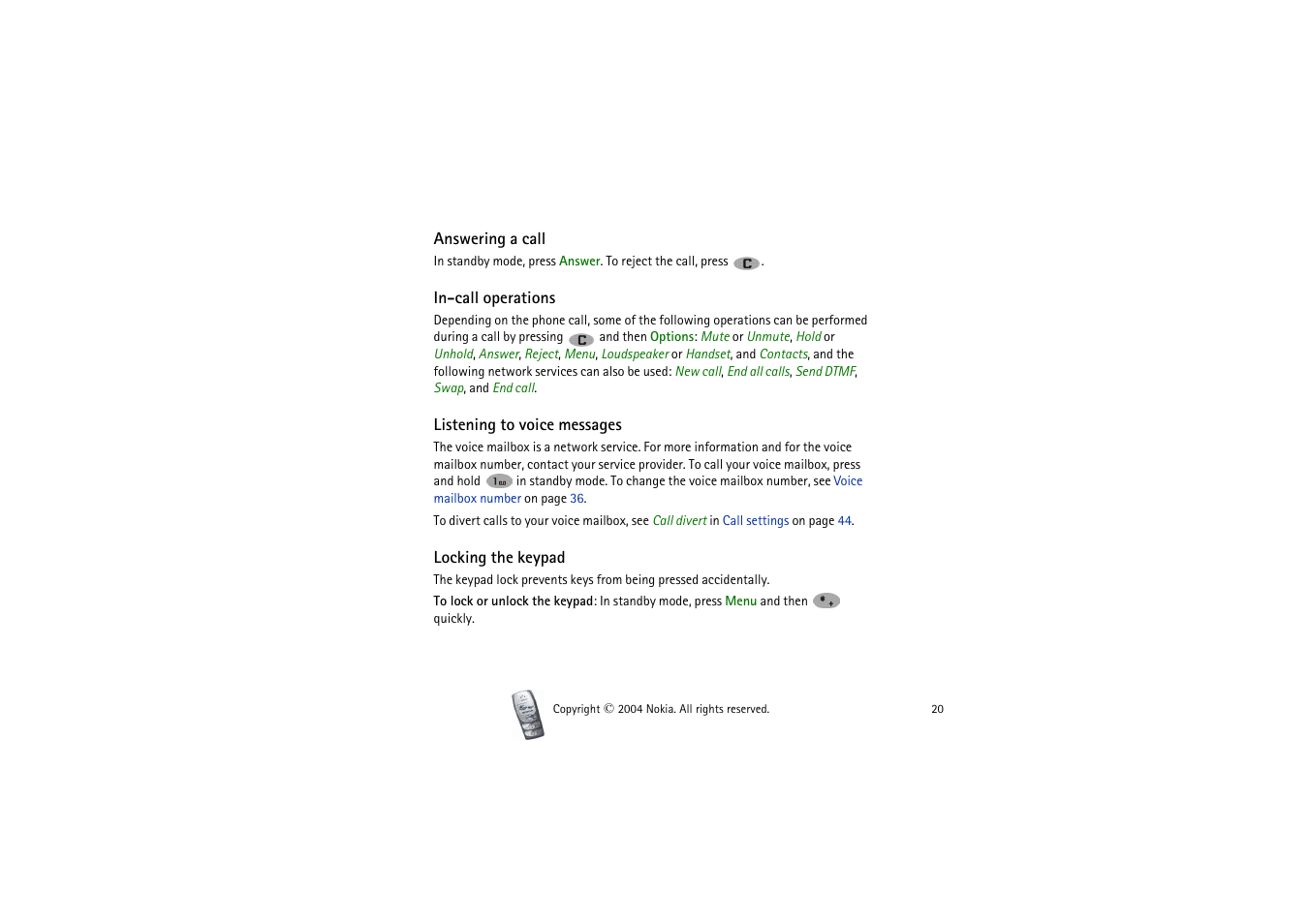 Answering a call, In-call operations, Listening to voice messages | Locking the keypad, Contacts (menu 2) | Nokia 2300 User Manual | Page 20 / 68