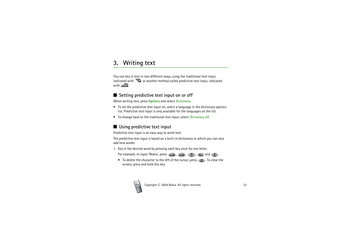 Writing text, Setting predictive text input on or off, Using predictive text input | Nokia 2300 User Manual | Page 22 / 68