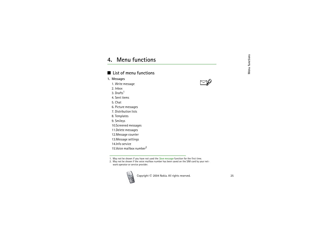 Menu functions, List of menu functions | Nokia 2300 User Manual | Page 25 / 68