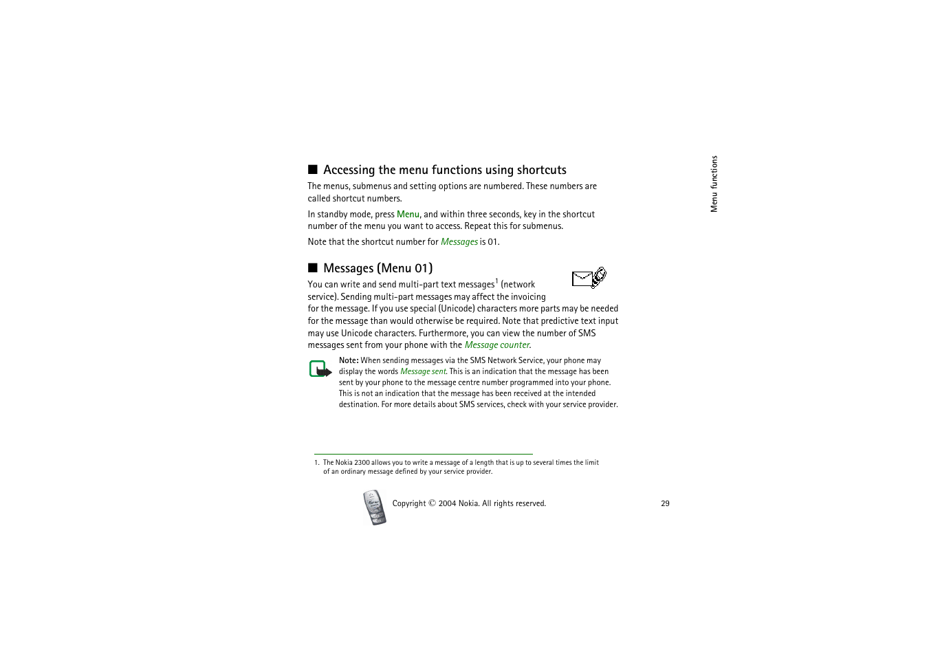 Accessing the menu functions using shortcuts, Messages (menu 01) | Nokia 2300 User Manual | Page 29 / 68