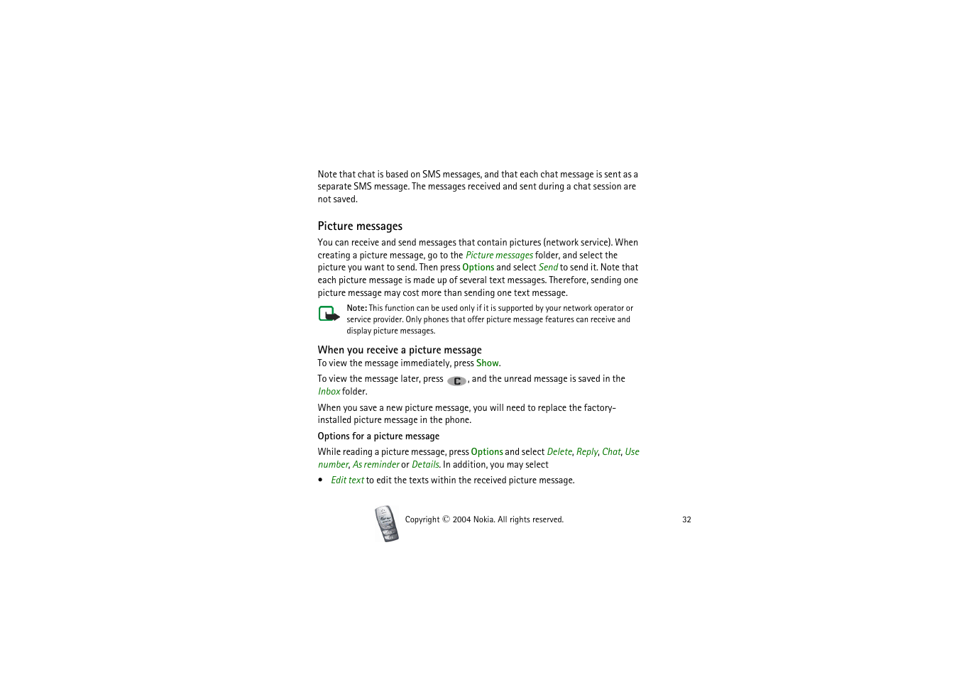 Picture messages, When you receive a picture message | Nokia 2300 User Manual | Page 32 / 68