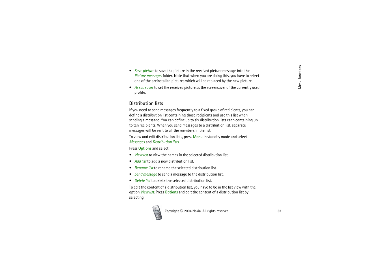 Distribution lists, Distribution lists, see | Nokia 2300 User Manual | Page 33 / 68