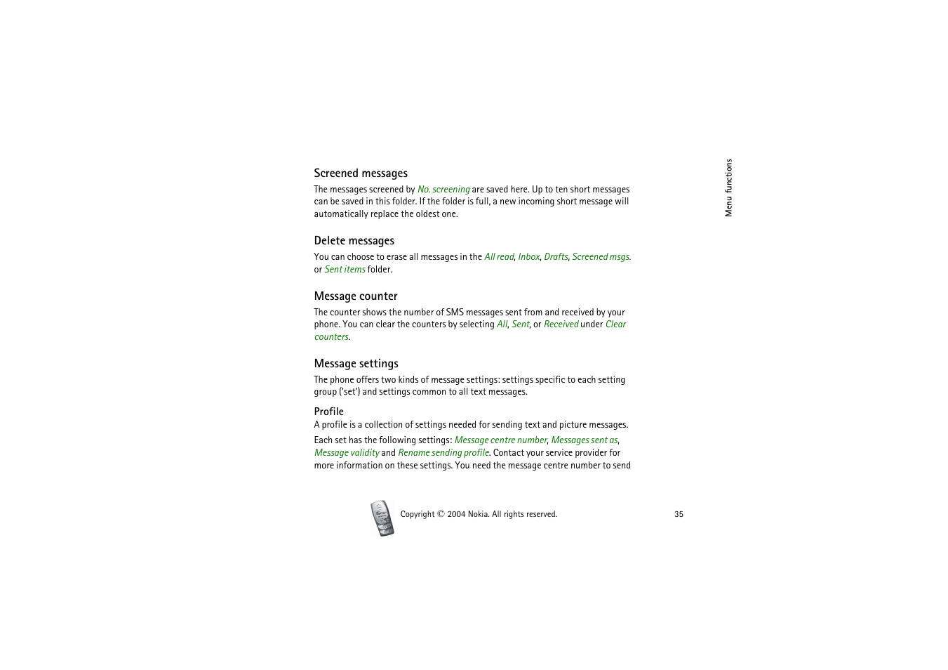 Screened messages, Delete messages, Message counter | Message settings, Profile, The phone. see, On pag | Nokia 2300 User Manual | Page 35 / 68