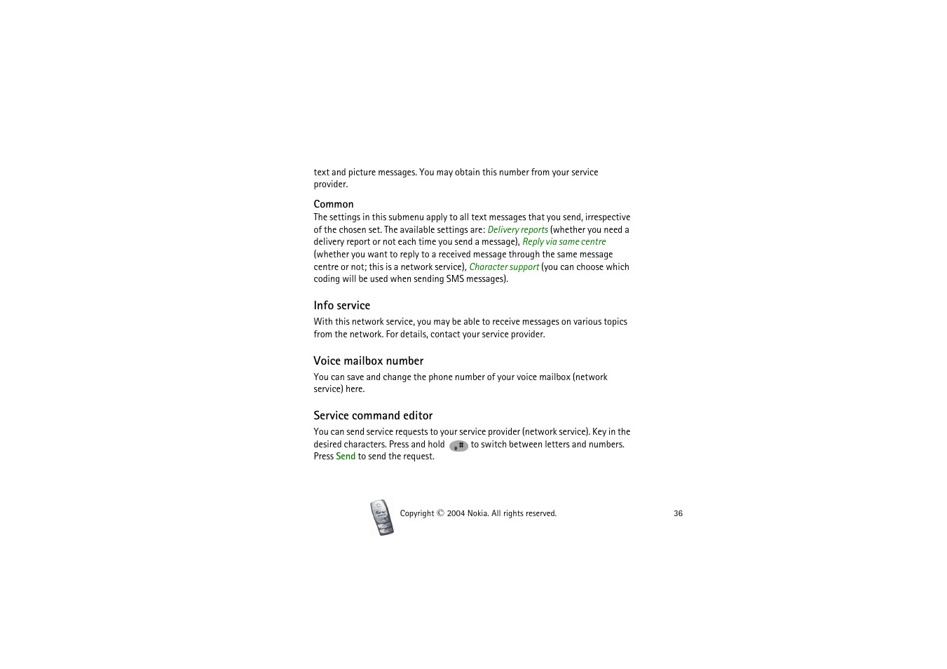 Common, Info service, Voice mailbox number | Service command editor, Voice, Mailbox number | Nokia 2300 User Manual | Page 36 / 68