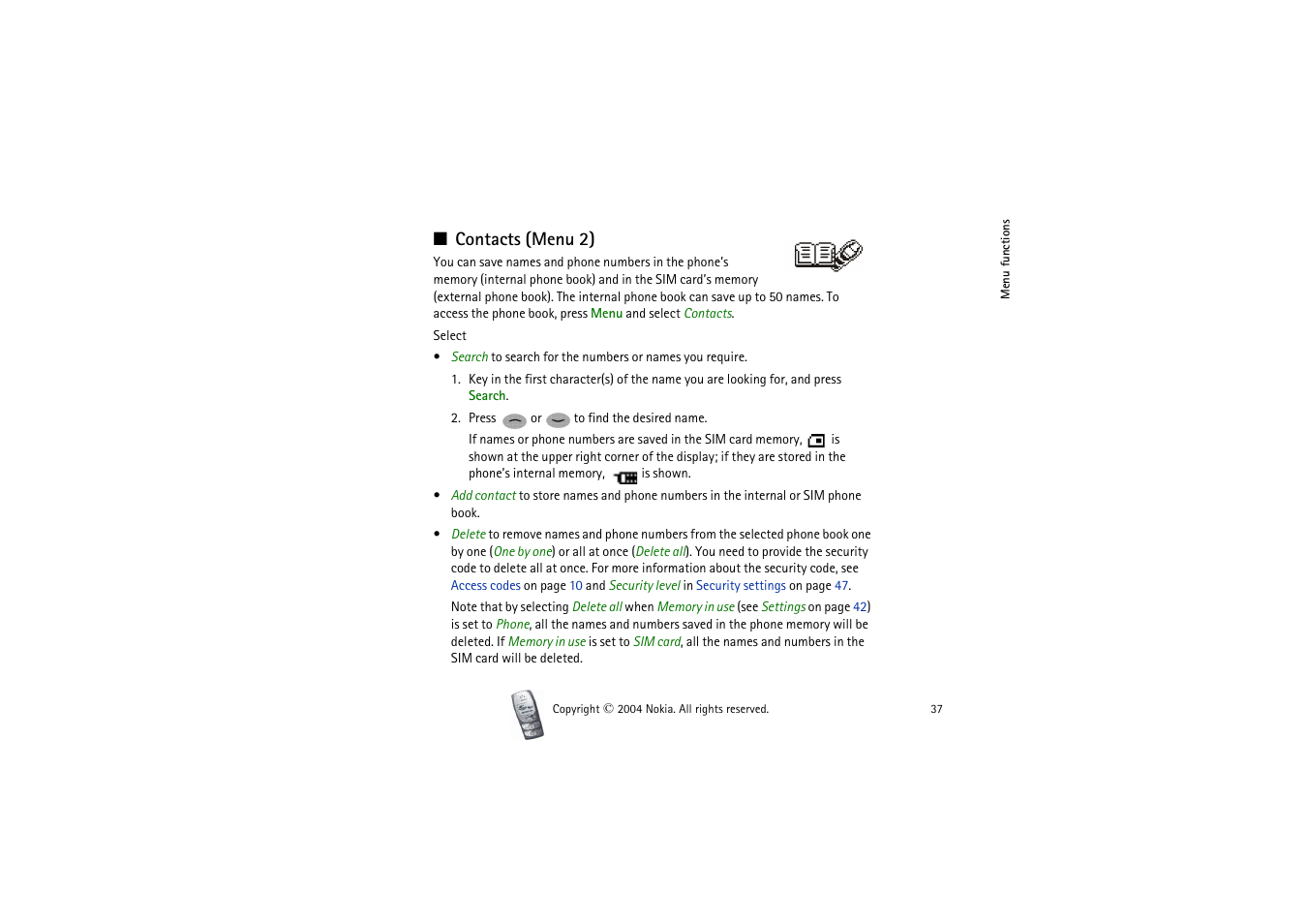 Contacts (menu 2) | Nokia 2300 User Manual | Page 37 / 68