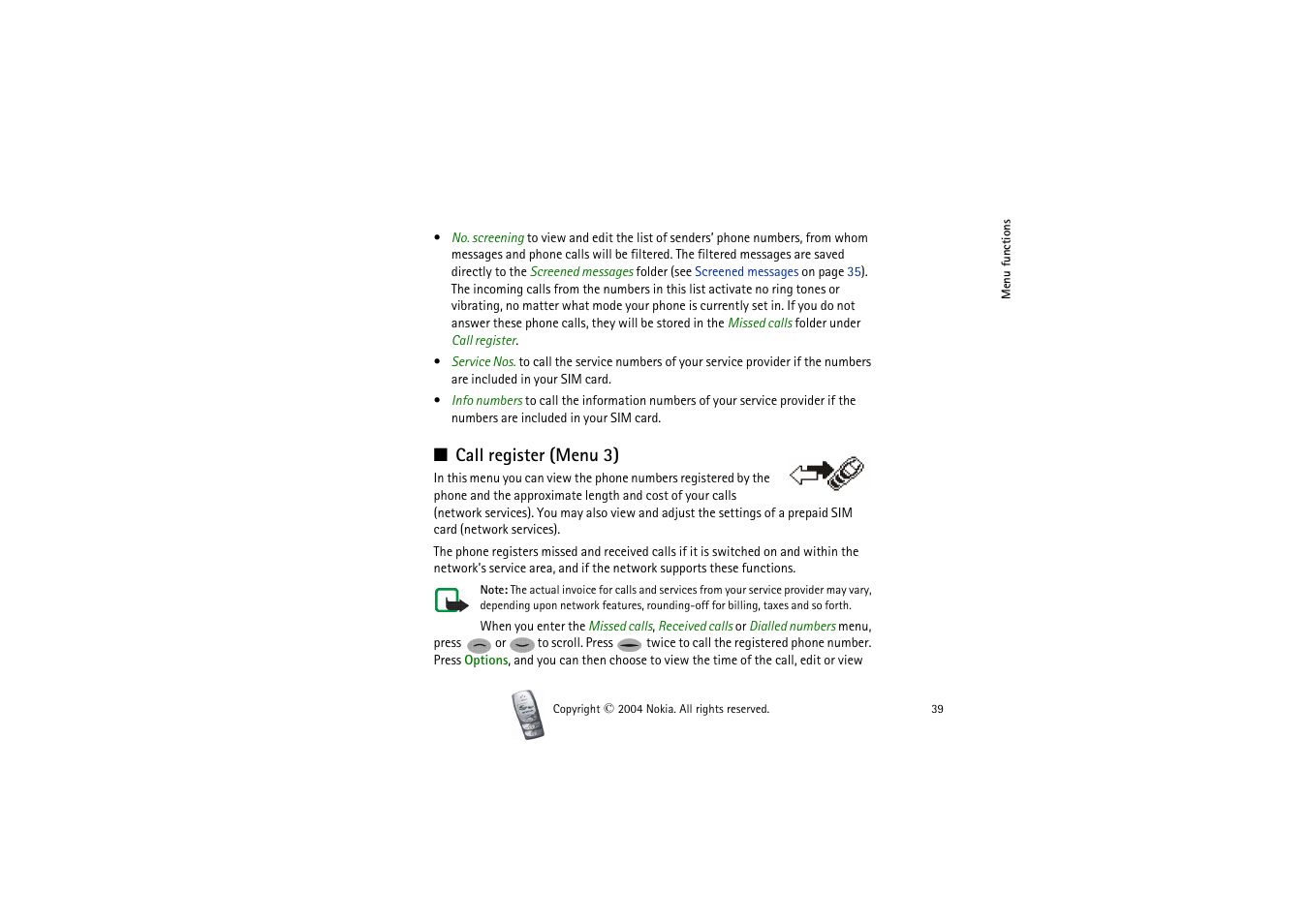 Call register (menu 3), Charging and discharging | Nokia 2300 User Manual | Page 39 / 68