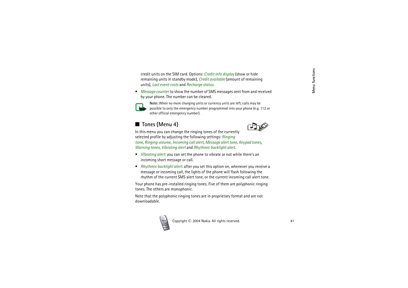 Tones (menu 4) | Nokia 2300 User Manual | Page 41 / 68