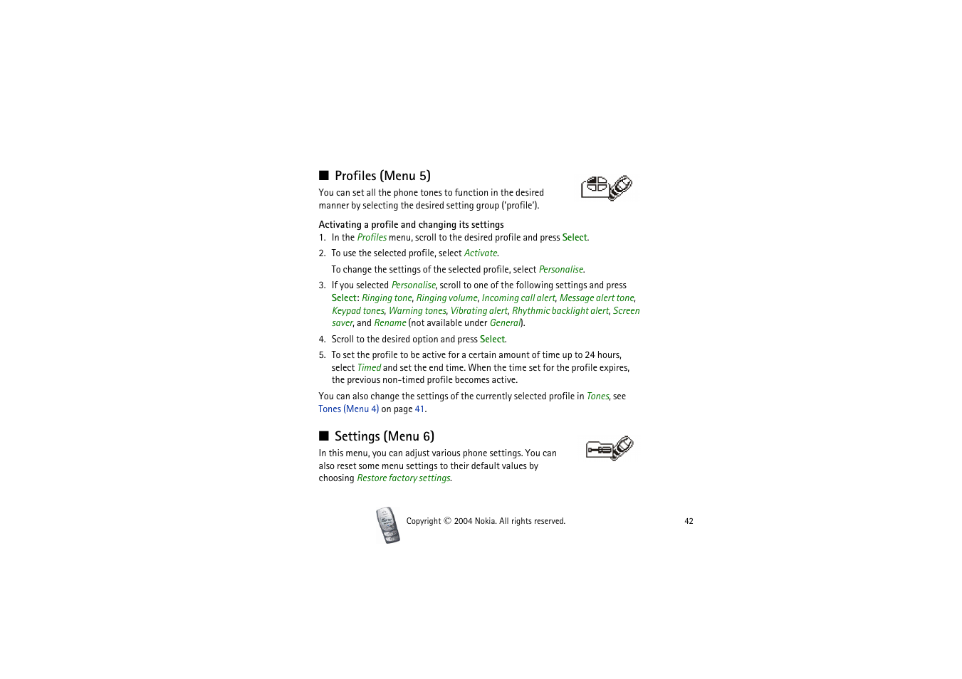 Profiles (menu 5), Settings (menu 6), Profiles (menu 5) settings (menu 6) | Nokia 2300 User Manual | Page 42 / 68