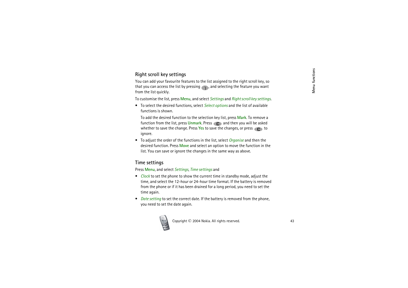 Right scroll key settings, Time settings, Right scroll key settings time settings | Nokia 2300 User Manual | Page 43 / 68