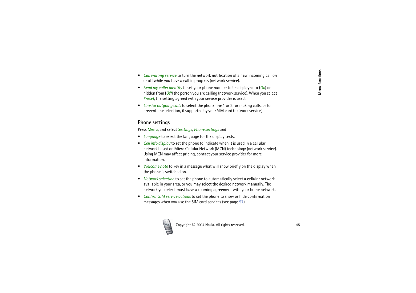 Phone settings | Nokia 2300 User Manual | Page 45 / 68