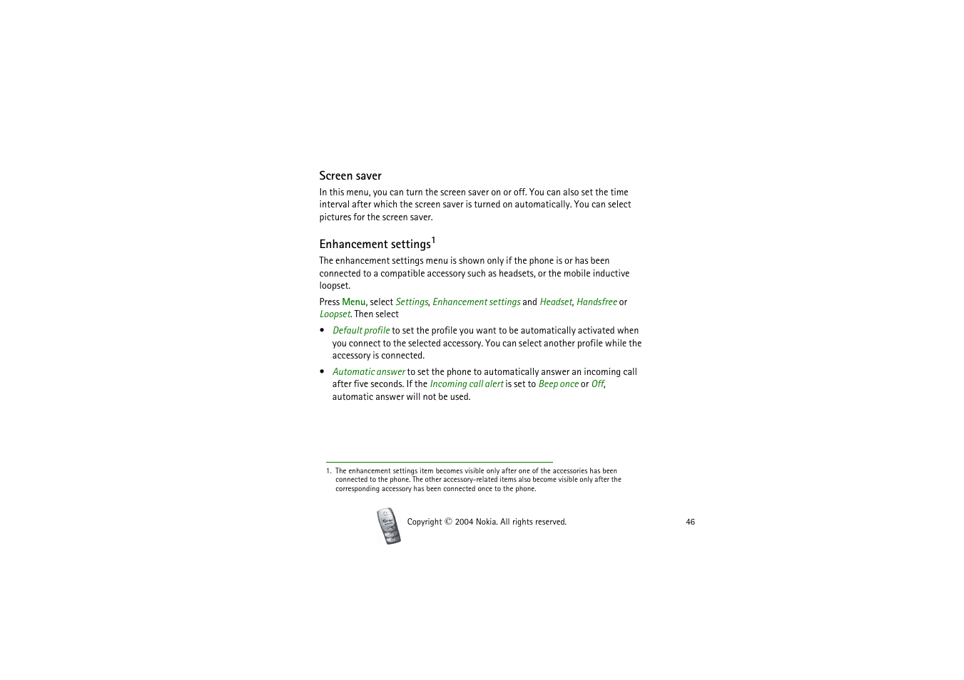 Screen saver, Enhancement settings, Screen saver enhancement settings | Nokia 2300 User Manual | Page 46 / 68