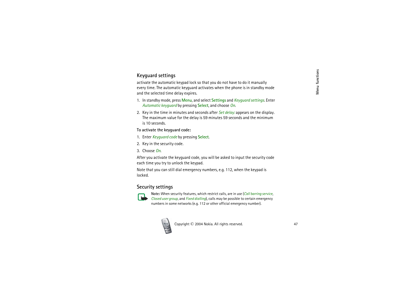 Keyguard settings, Security settings, Keyguard settings security settings | Nokia 2300 User Manual | Page 47 / 68