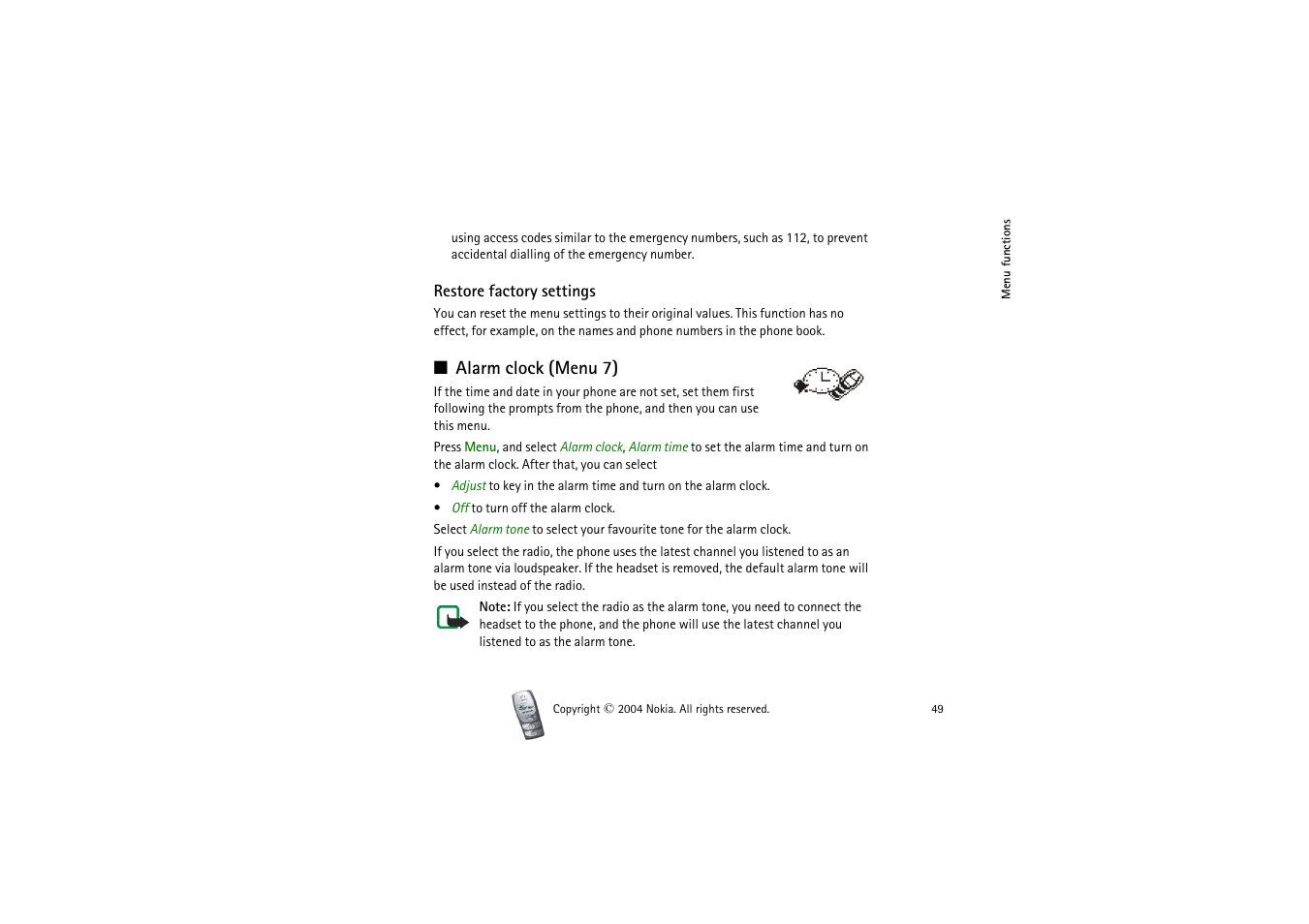 Restore factory settings, Alarm clock (menu 7) | Nokia 2300 User Manual | Page 49 / 68