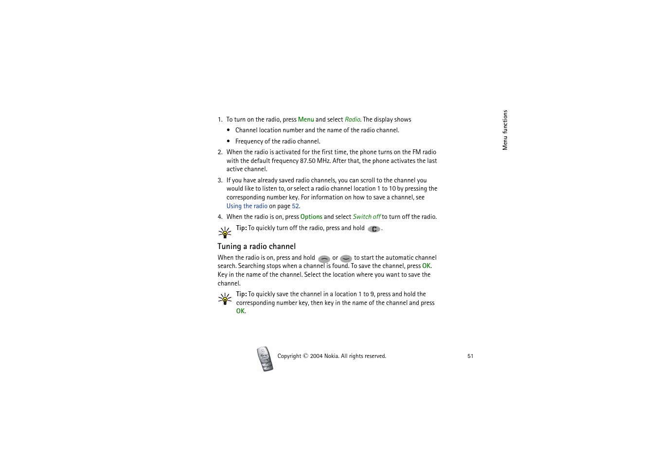 Tuning a radio channel | Nokia 2300 User Manual | Page 51 / 68