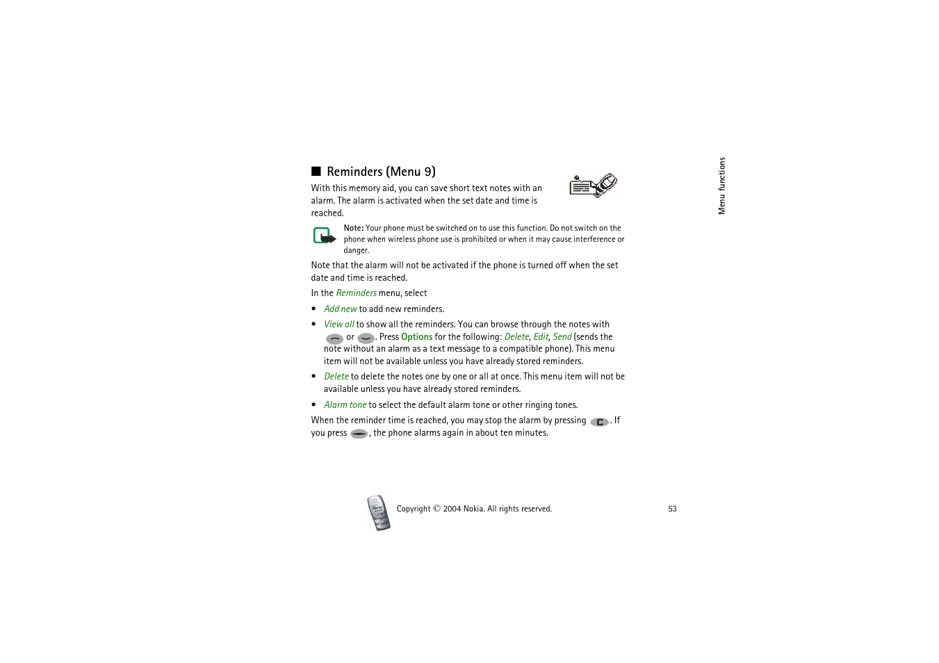 Reminders (menu 9) | Nokia 2300 User Manual | Page 53 / 68