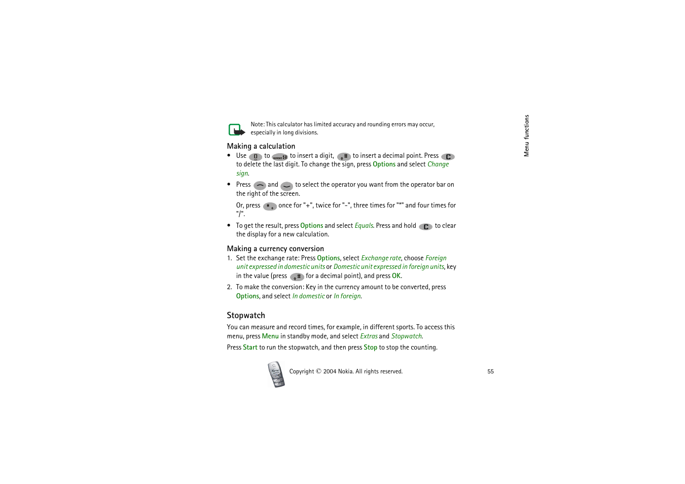 Making a calculation, Making a currency conversion, Stopwatch | Making a calculation making a currency conversion | Nokia 2300 User Manual | Page 55 / 68