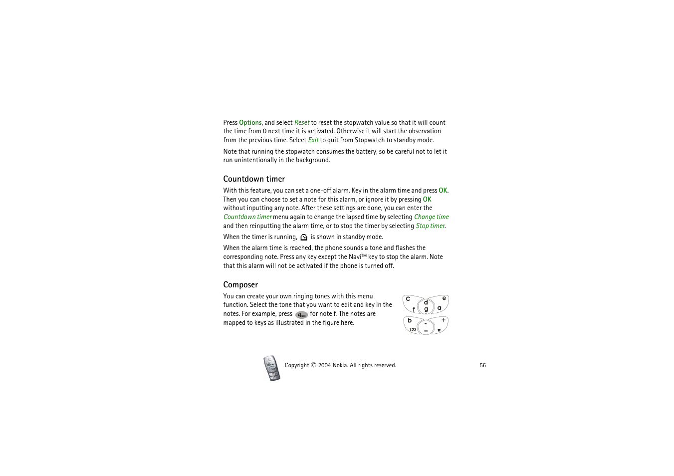 Countdown timer, Composer, Countdown timer composer | Nokia 2300 User Manual | Page 56 / 68