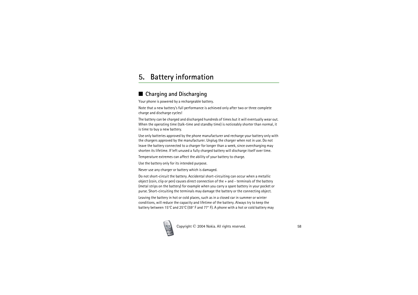 Battery information, Charging and discharging | Nokia 2300 User Manual | Page 58 / 68