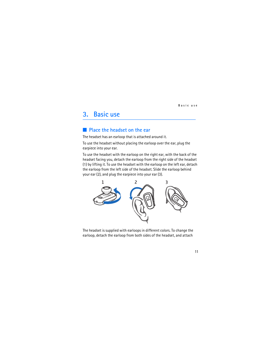 Basic use, Place the headset on the ear | Nokia BH-300 User Manual | Page 11 / 74