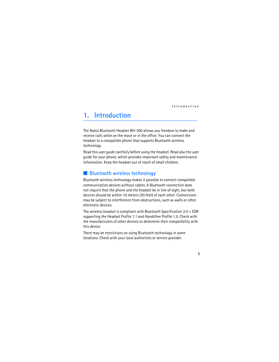 Introduction, Bluetooth wireless technology | Nokia BH-300 User Manual | Page 5 / 74