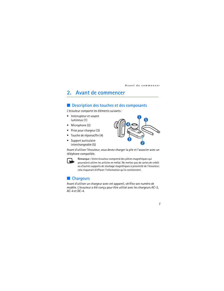 Avant de commencer, Description des touches et des composants, Chargeurs | Nokia BH-300 User Manual | Page 61 / 74