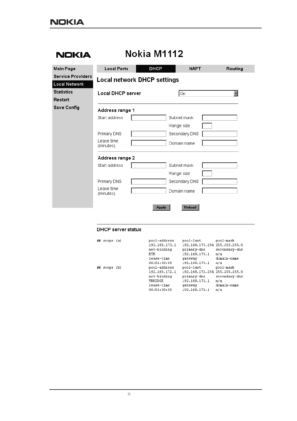 Managing m1112, Figure 5-6 local network dhcp page | Nokia M1112 User Manual | Page 50 / 109