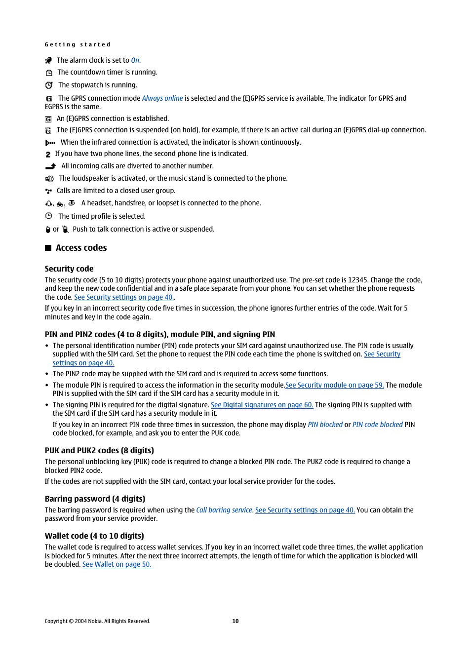 Access codes, Security code, Puk and puk2 codes (8 digits) | Barring password (4 digits), Wallet code (4 to 10 digits) | Nokia 5140 User Manual | Page 10 / 66