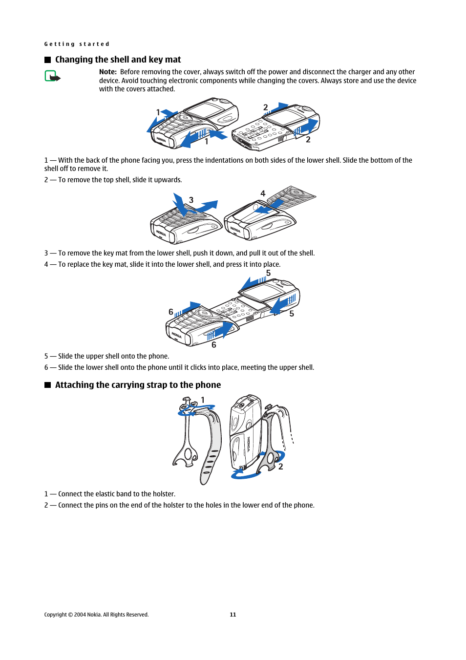 Changing the shell and key mat, Attaching the carrying strap to the phone | Nokia 5140 User Manual | Page 11 / 66