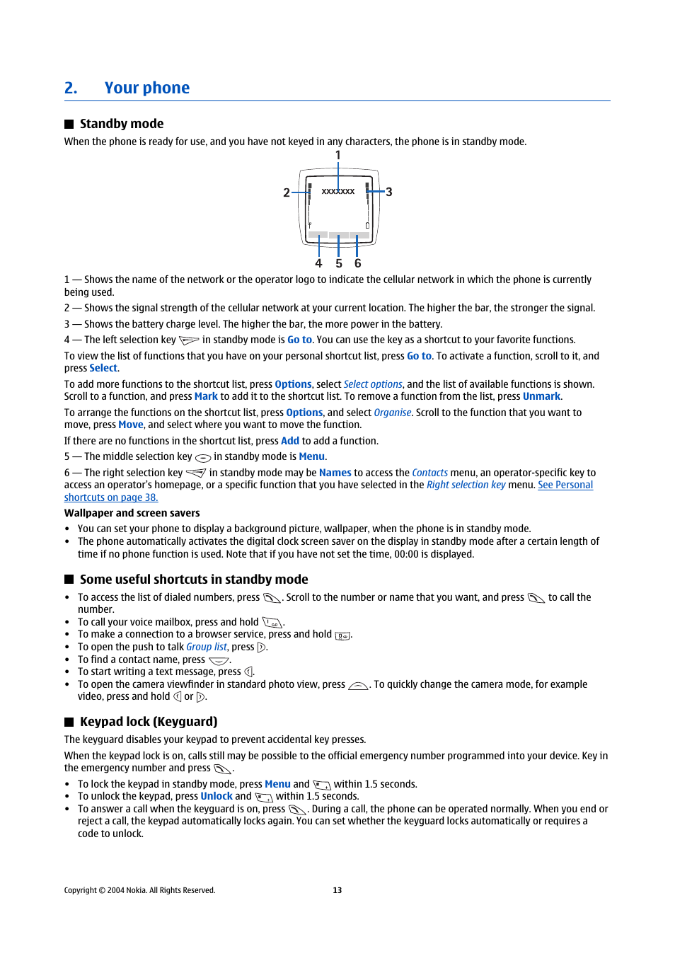 Your phone, Standby mode, Some useful shortcuts in standby mode | Keypad lock (keyguard) | Nokia 5140 User Manual | Page 13 / 66