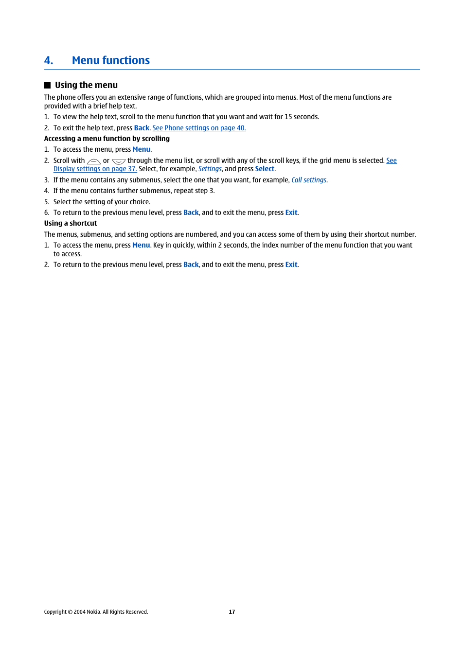 Menu functions, Using the menu | Nokia 5140 User Manual | Page 17 / 66