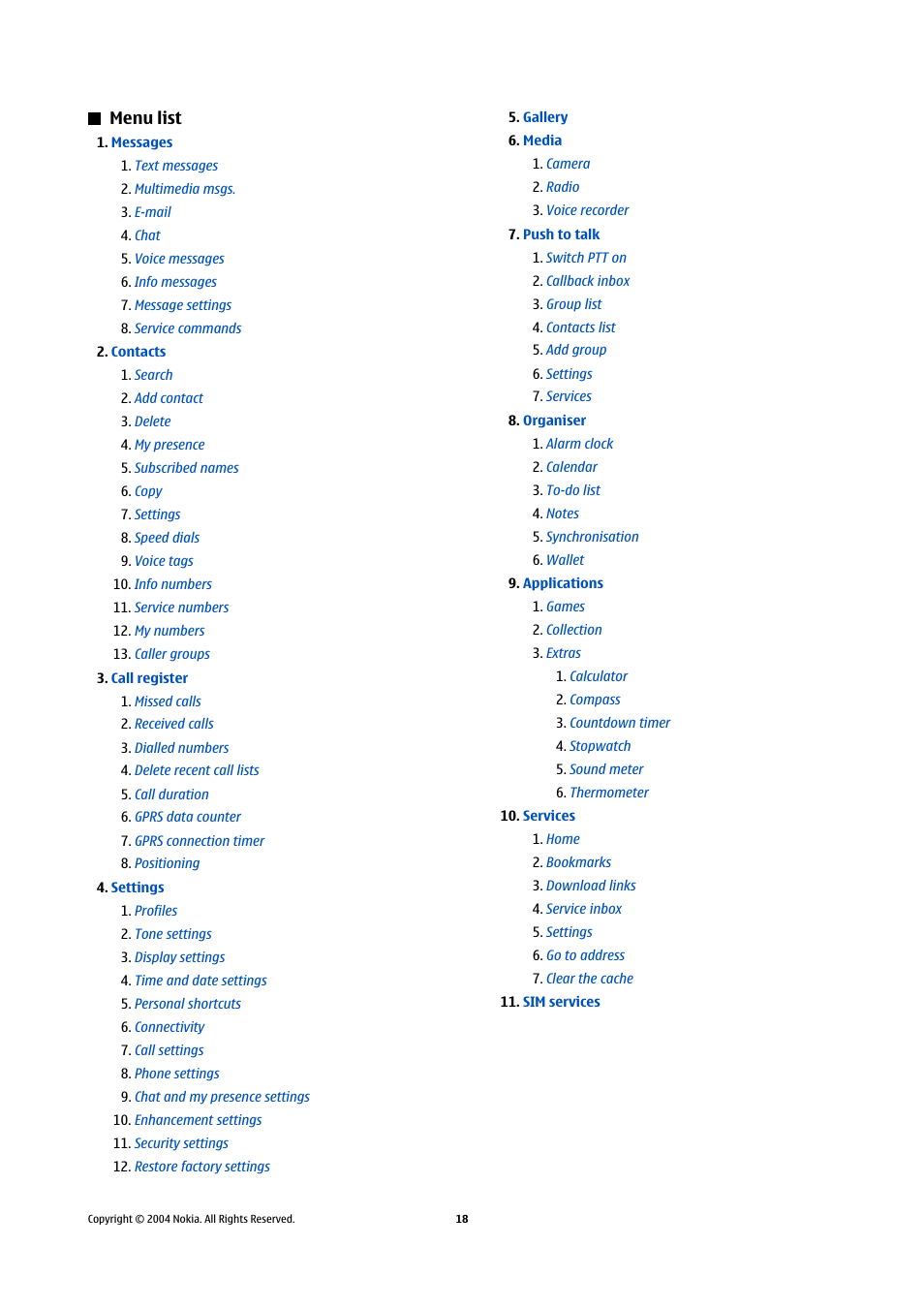 Menu list | Nokia 5140 User Manual | Page 18 / 66